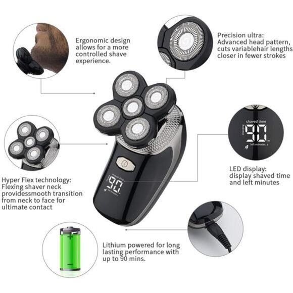 Mens Electric Bald Head Razor,Head Shaver for Bald Men Grooming Kit Wet-Dry - Picture 4 of 7